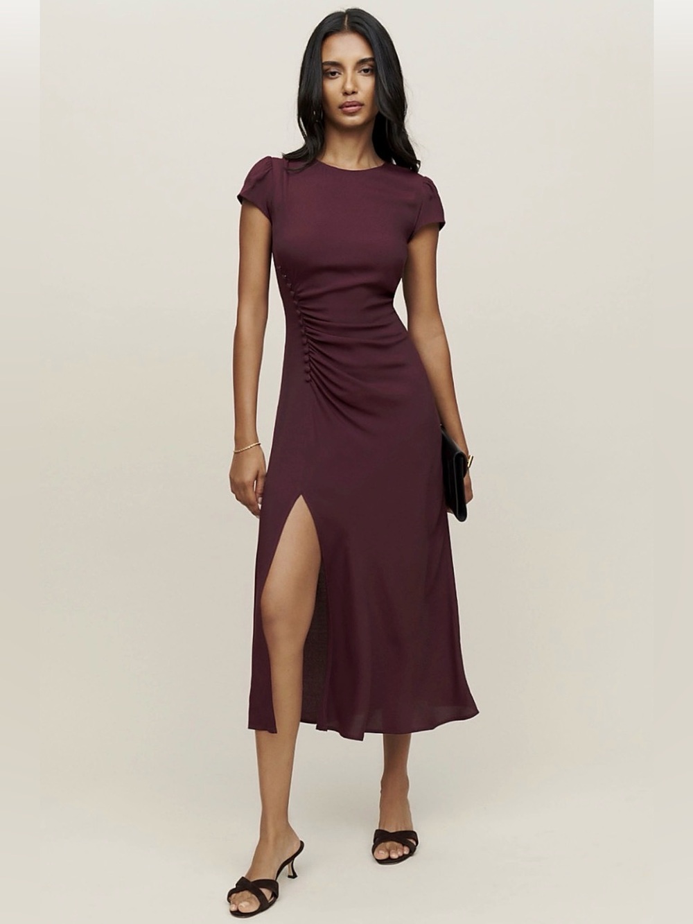 Reformation Frasier Prune Burgundy Ruched Midi Dress Size 16 NWT